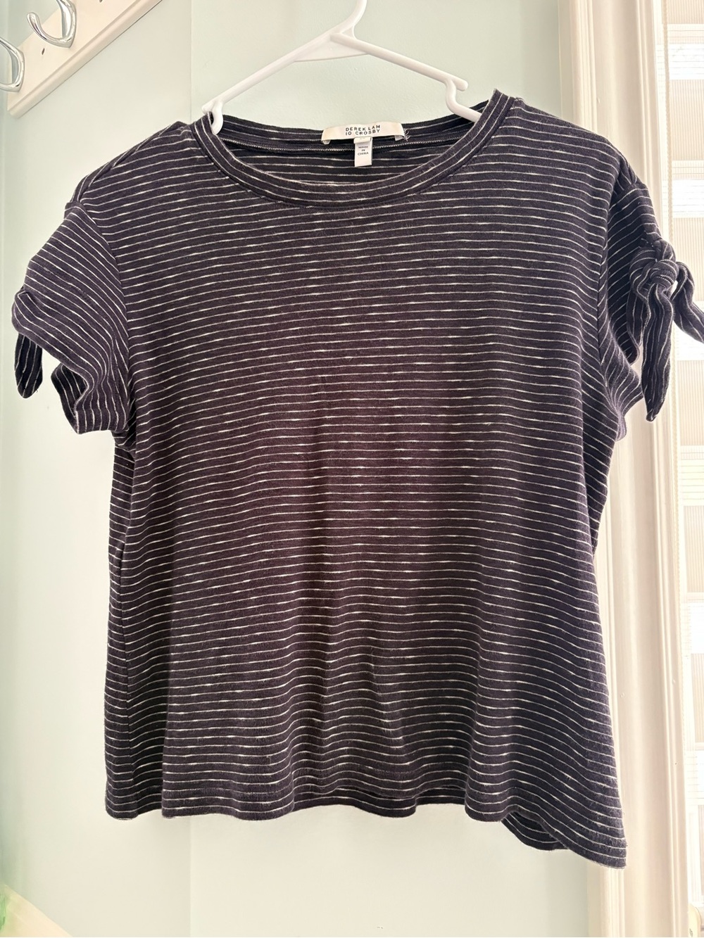 Derek Lam Navy and White Striped Tie-Sleeve Crewneck Tee